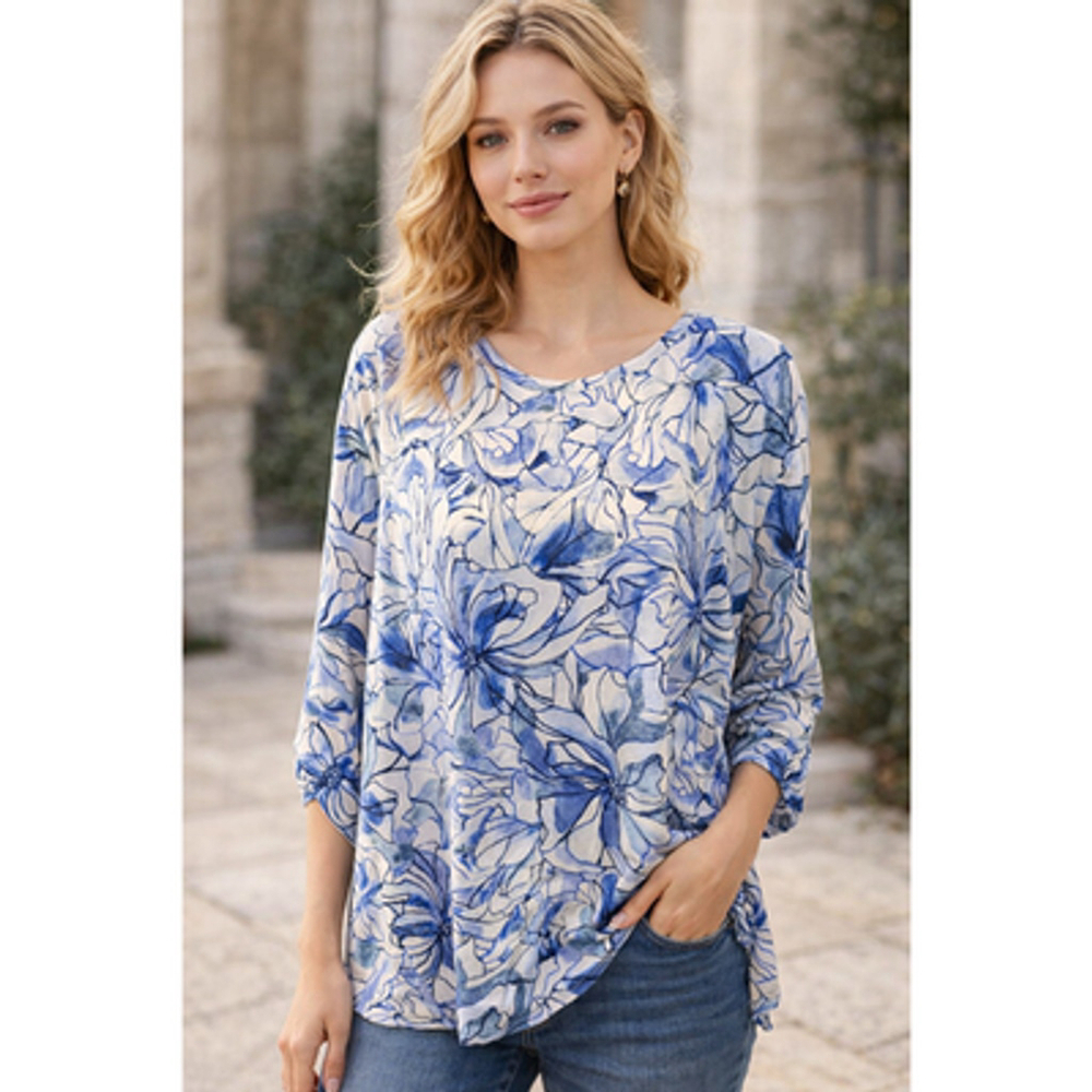 CD Daniels Blue Floral Knit Stretch Top Jewel 1X